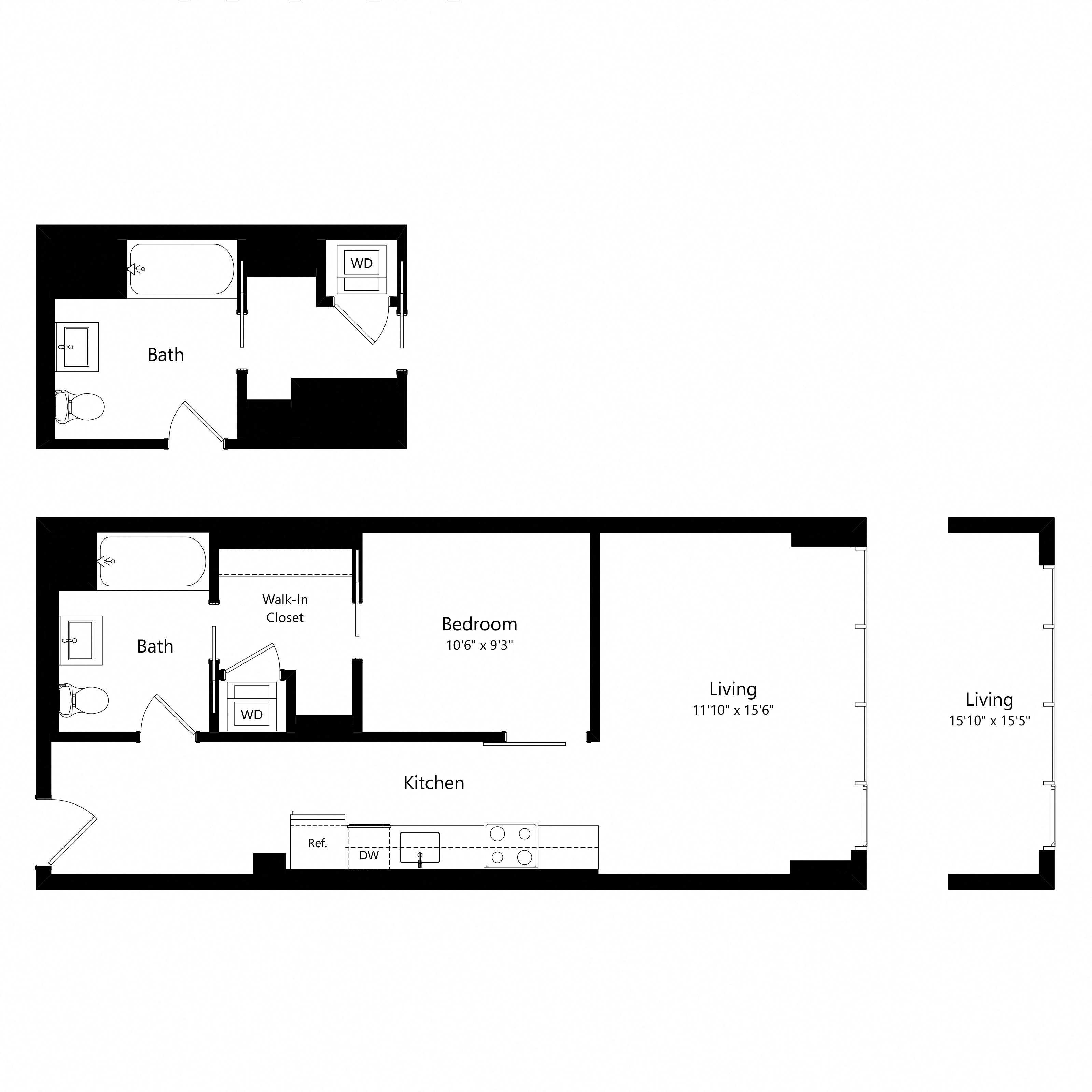 Floor plan for 1 bed, 1 bath, 669 sqft